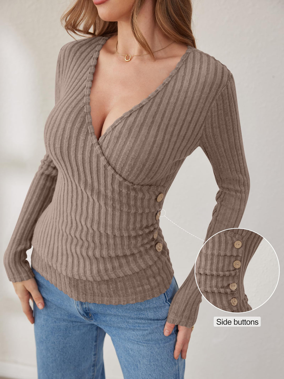 ANRABESS Long Sleeve V Neck Shirts for Women Ribbed Knit Slim Fit Wrap Top Comfy Soft Sexy Sweater Spring Fall Winter Dressy Casual Clothes