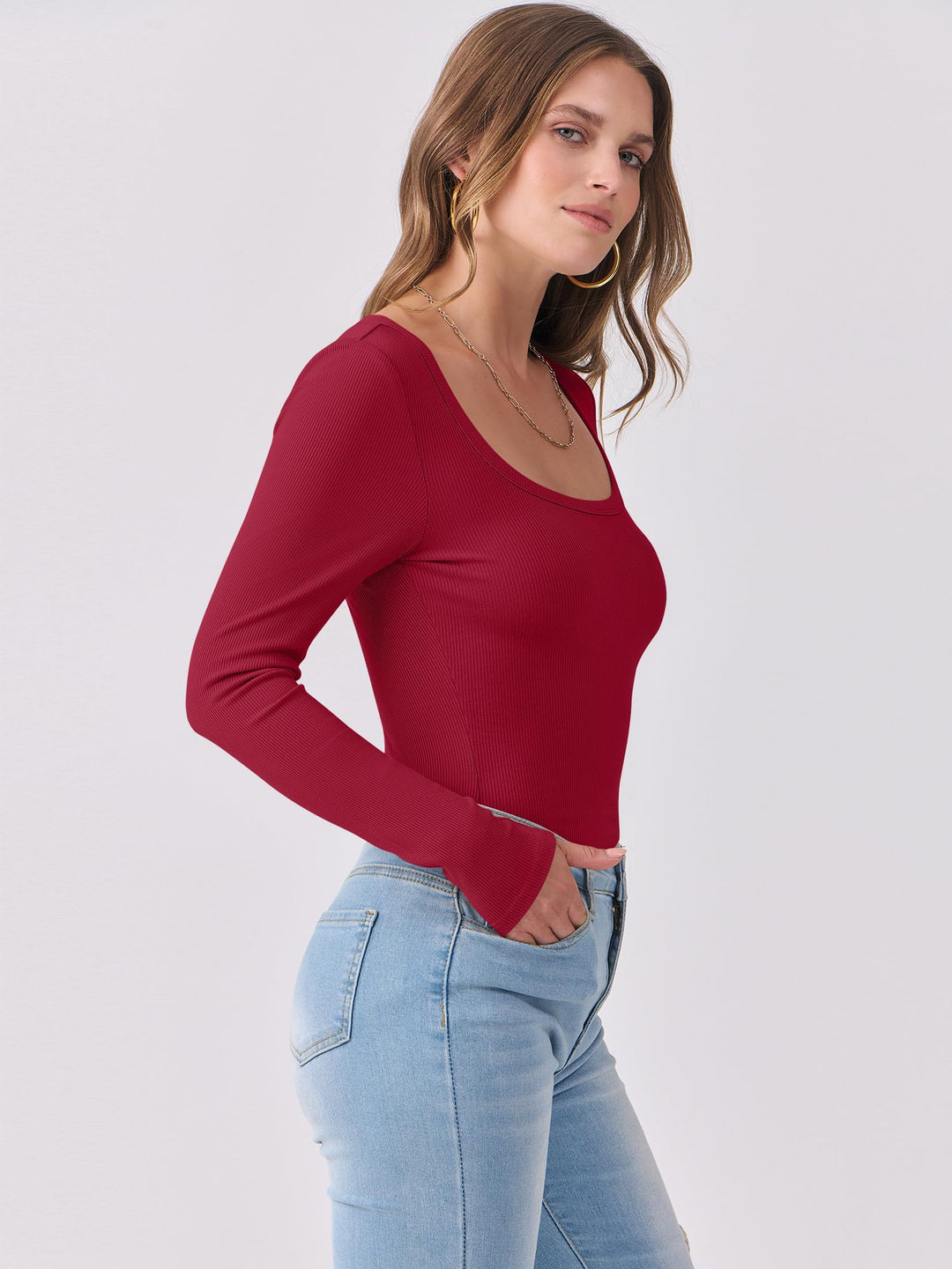 ANRABESS Long Sleeve Shirts for Women Ribbed Knit Slim Fitted Casual Tops Scoop Neck Basic Tee Spring Fall Fashion Clothes