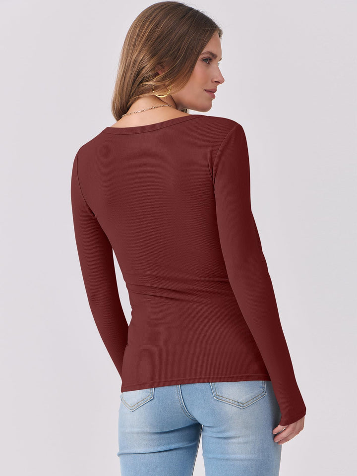 ANRABESS Long Sleeve Shirts for Women Ribbed Knit Slim Fitted Casual Tops Scoop Neck Basic Tee Spring Fall Fashion Clothes