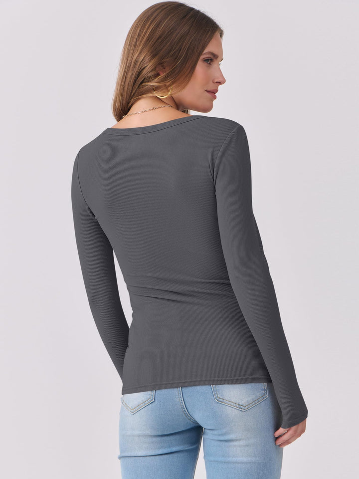 ANRABESS Long Sleeve Shirts for Women Ribbed Knit Slim Fitted Casual Tops Scoop Neck Basic Tee Spring Fall Fashion Clothes