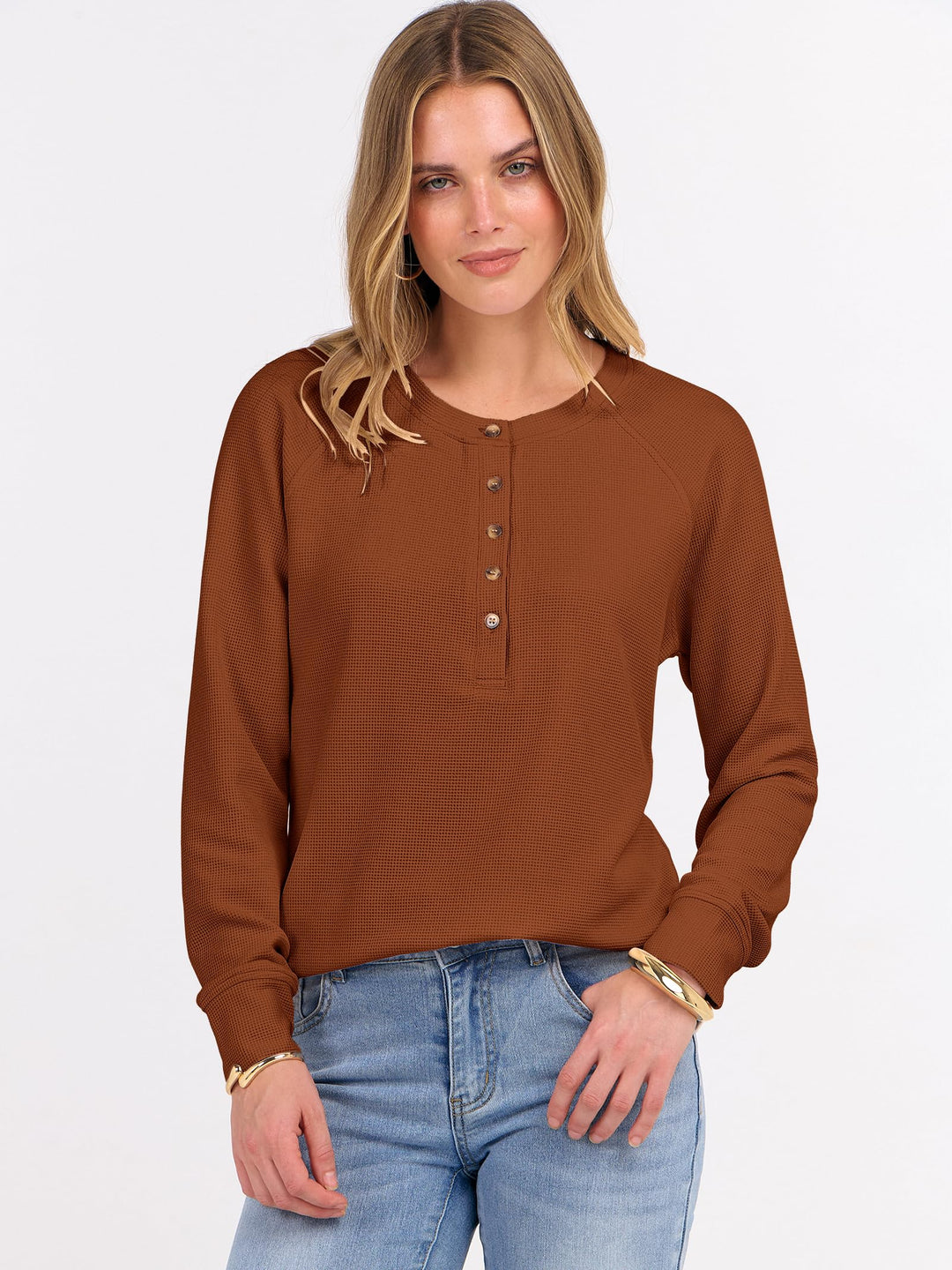 ANRABESS Long Sleeve Waffle Knit Shirts for Women Spring Fall Dressy Casual Button Up V Neck Henley Tops Loose Basic Tees Winter Clothes