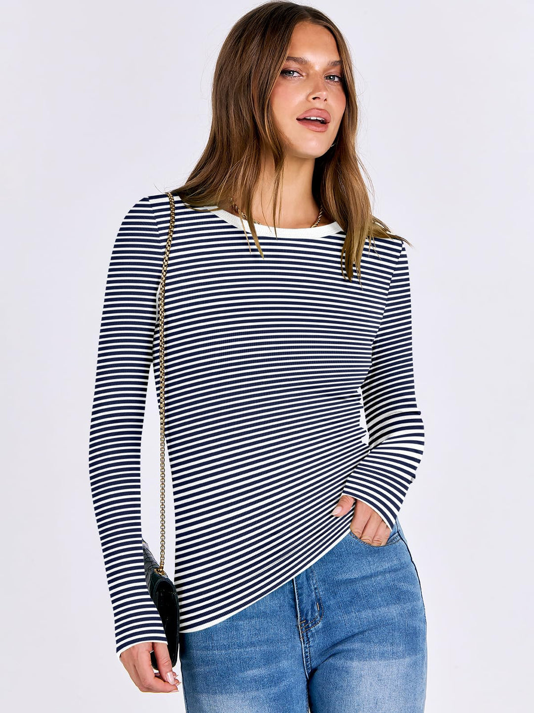 ANRABESS Long Sleeve Shirts for Women Ribbed Knit Slim Fit Basic Tops Crewneck Tees Spring Fall Casual Underscrubs Layer Clothes