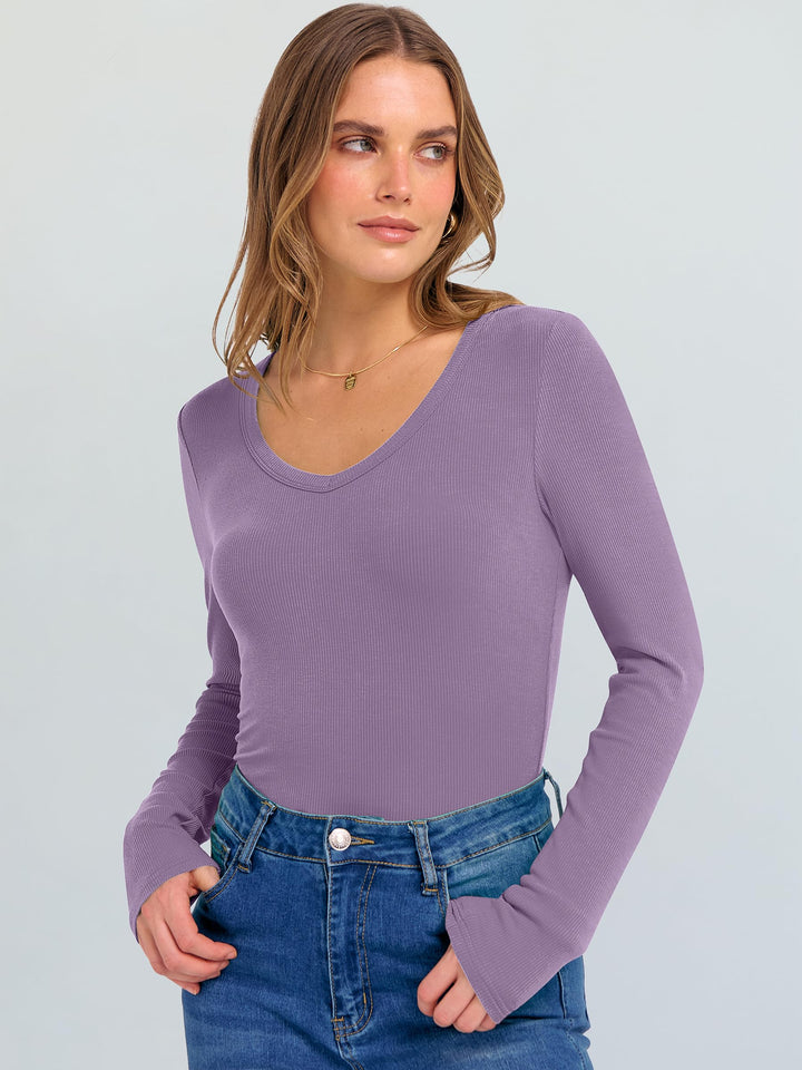 ANRABESS Long Sleeve Shirts for Women Soft Comfy Ribbed Knit Fitted T-Shirts Casual Trendy Y2K Basic Tops Fall Winter Underscrub Layering Clothes