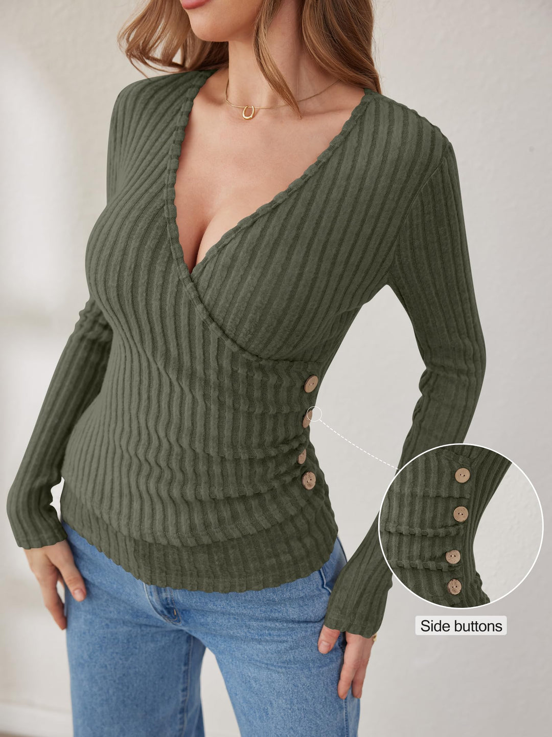 ANRABESS Long Sleeve V Neck Shirts for Women Ribbed Knit Slim Fit Wrap Top Comfy Soft Sexy Sweater Spring Fall Winter Dressy Casual Clothes