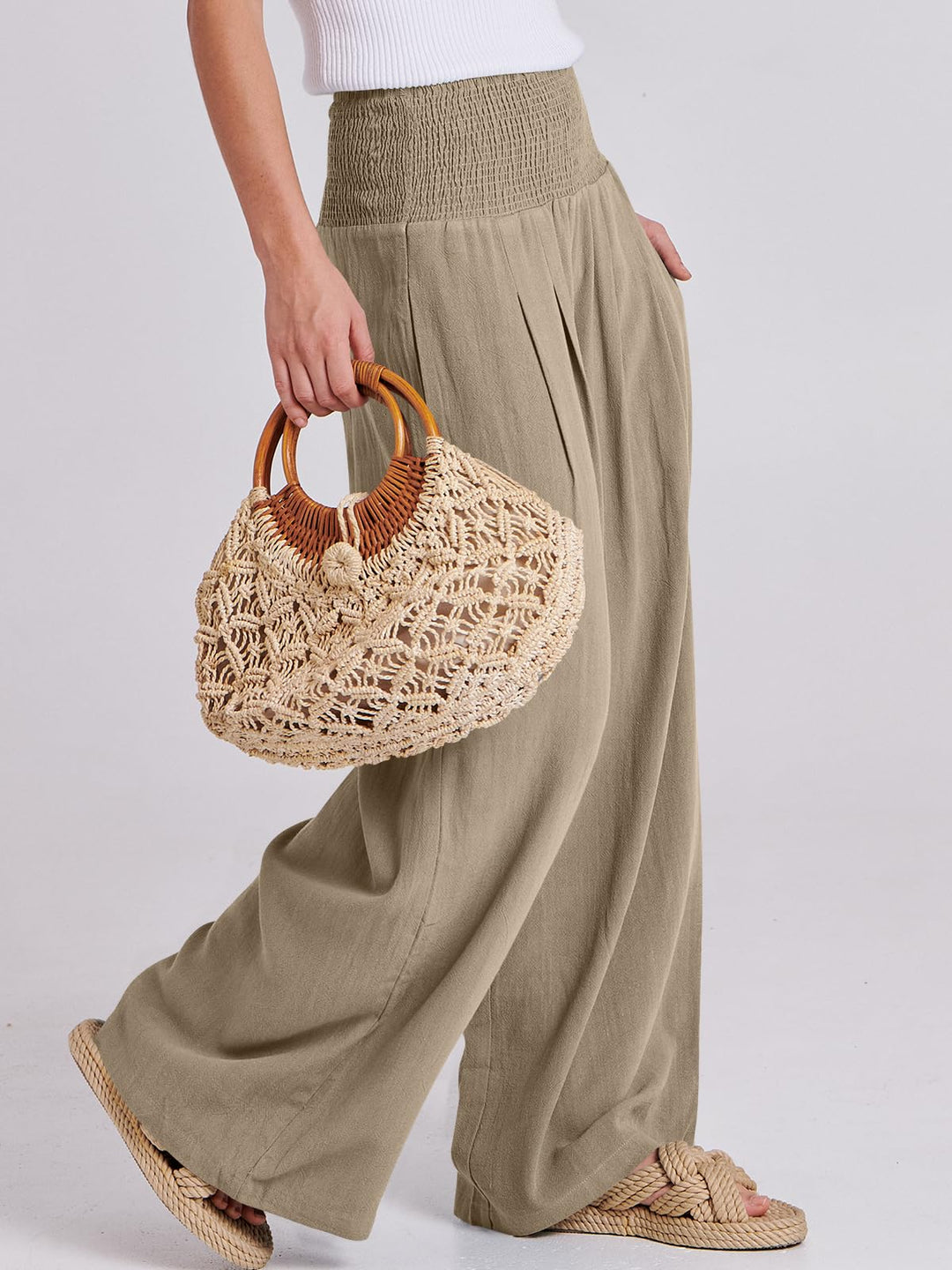 ANRABESS Linen Wide Leg Pants for Women Summer Boho High Waist Palazzo Pants Beach Lounge Casual Trousers with Pockets Vacation Clothes