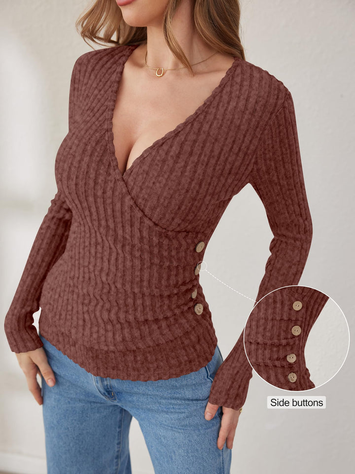 ANRABESS Long Sleeve V Neck Shirts for Women Ribbed Knit Slim Fit Wrap Top Comfy Soft Sexy Sweater Spring Fall Winter Dressy Casual Clothes