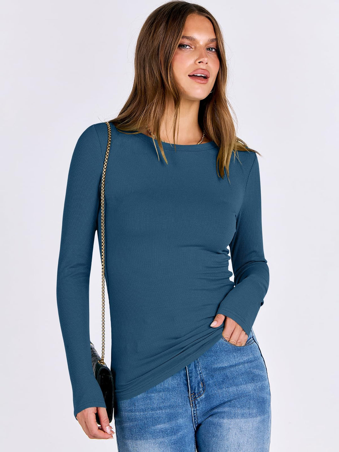ANRABESS Long Sleeve Shirts for Women Ribbed Knit Slim Fit Basic Tops Crewneck Tees Spring Fall Casual Underscrubs Layer Clothes