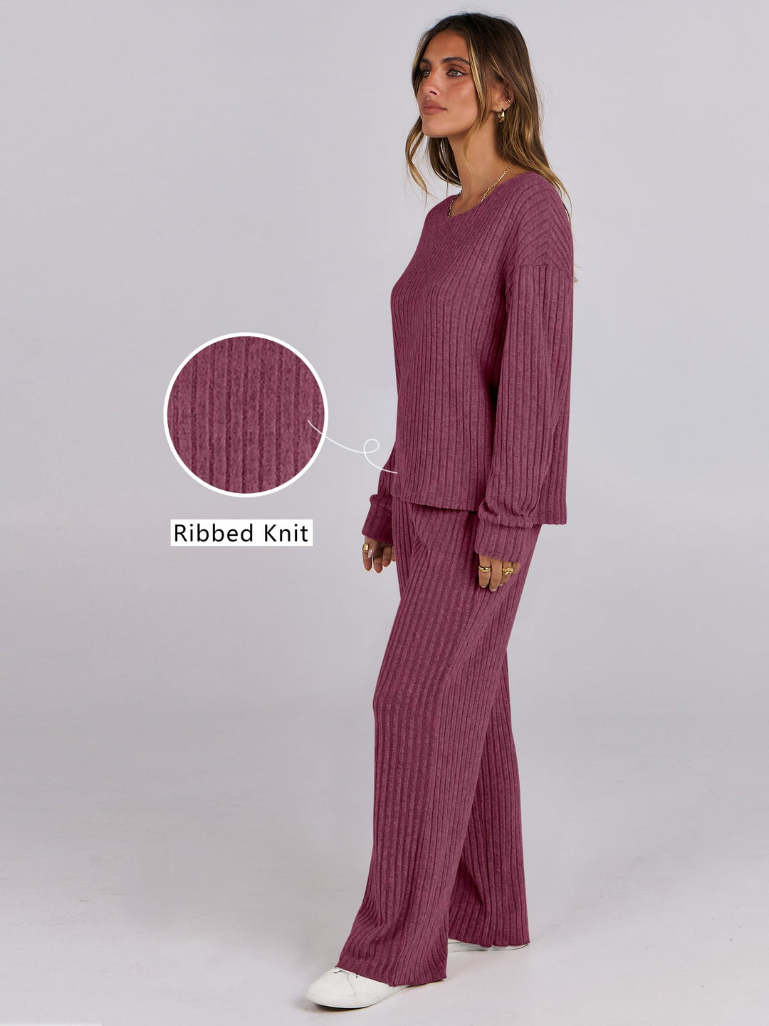 ANRABESS Women 2 Piece Lounge Pajamas Sets Casual Ribbed Knit Long Sleeve Top Pants Matching Set 2026 Fall Outfits Clothes