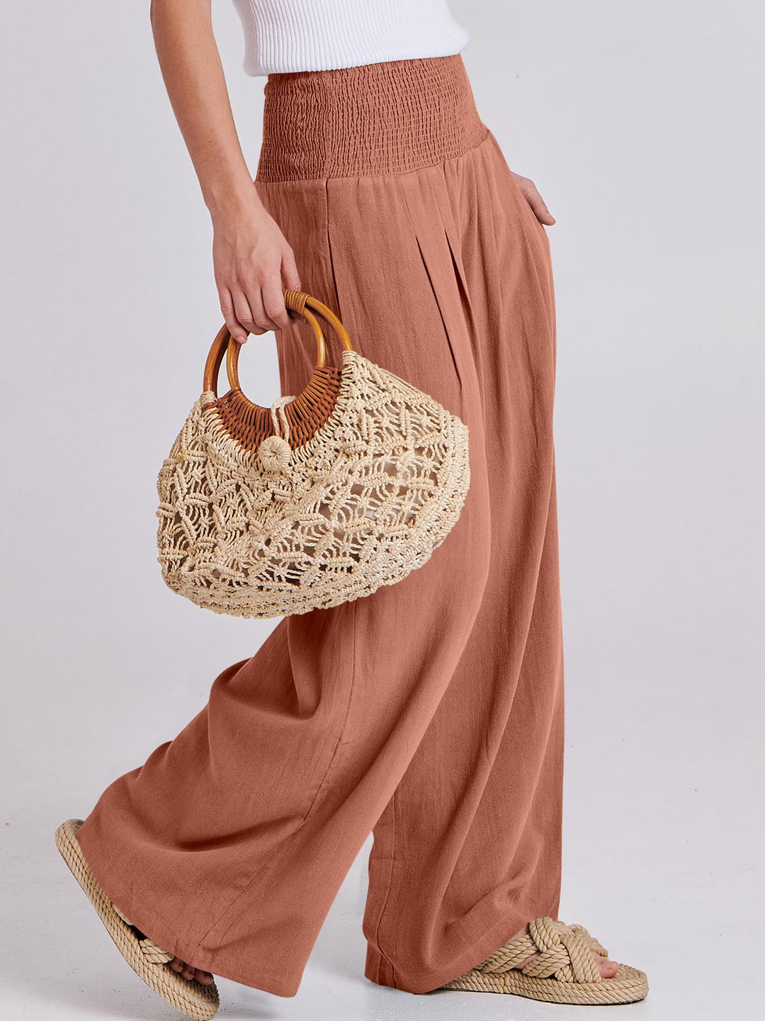 ANRABESS Linen Wide Leg Pants for Women Summer Boho High Waist Palazzo Pants Beach Lounge Casual Trousers with Pockets Vacation Clothes