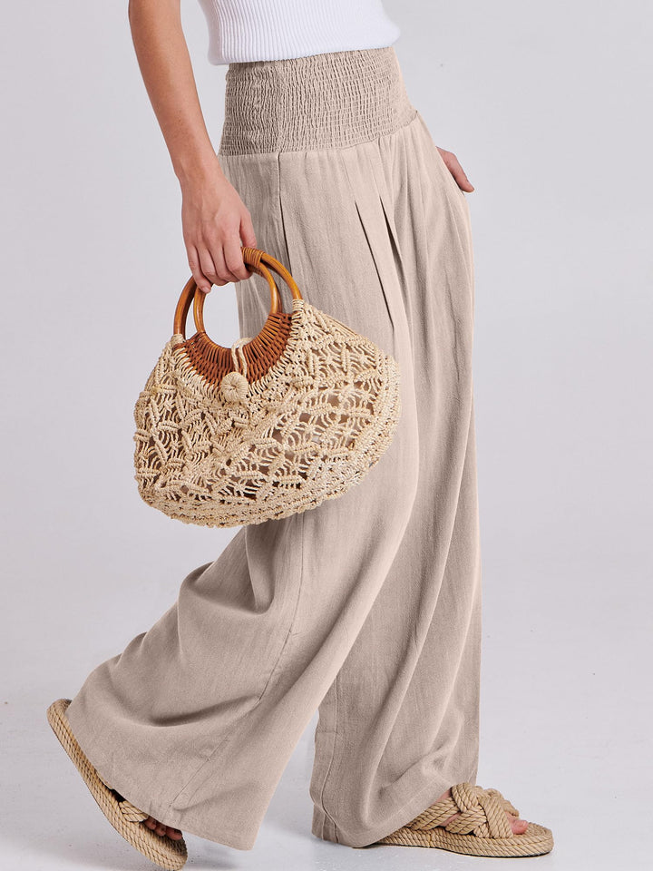 ANRABESS Linen Wide Leg Pants for Women Summer Boho High Waist Palazzo Pants Beach Lounge Casual Trousers with Pockets Vacation Clothes