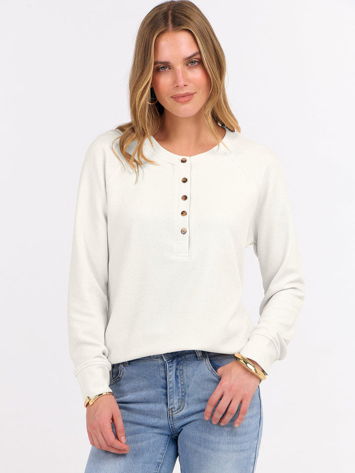 ANRABESS Long Sleeve Waffle Knit Shirts for Women Spring Fall Dressy Casual Button Up V Neck Henley Tops Loose Basic Tees Winter Clothes