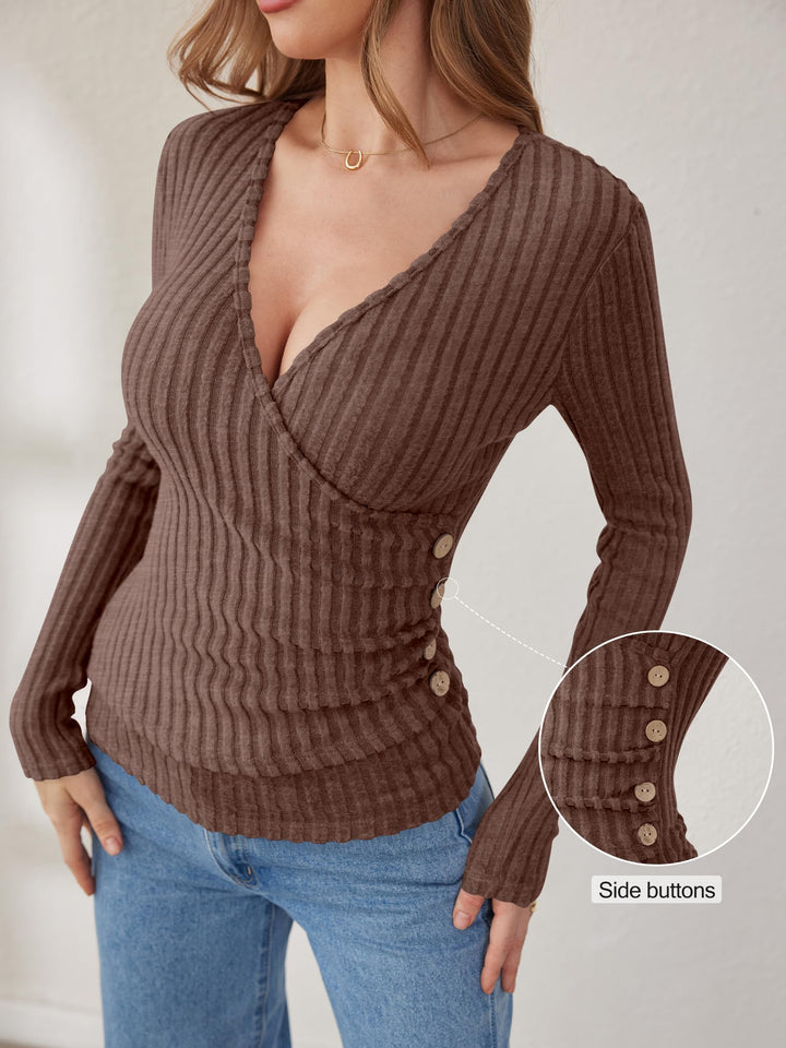 ANRABESS Long Sleeve V Neck Shirts for Women Ribbed Knit Slim Fit Wrap Top Comfy Soft Sexy Sweater Spring Fall Winter Dressy Casual Clothes