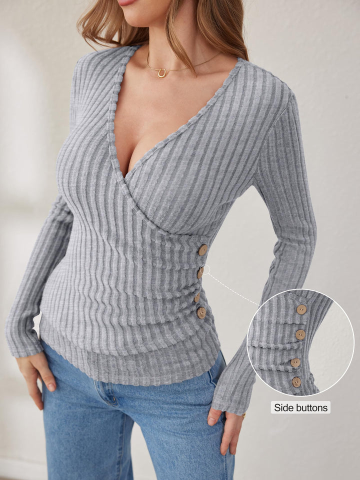 ANRABESS Long Sleeve V Neck Shirts for Women Ribbed Knit Slim Fit Wrap Top Comfy Soft Sexy Sweater Spring Fall Winter Dressy Casual Clothes