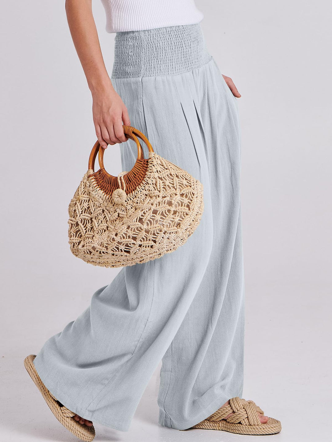 ANRABESS Linen Wide Leg Pants for Women Summer Boho High Waist Palazzo Pants Beach Lounge Casual Trousers with Pockets Vacation Clothes