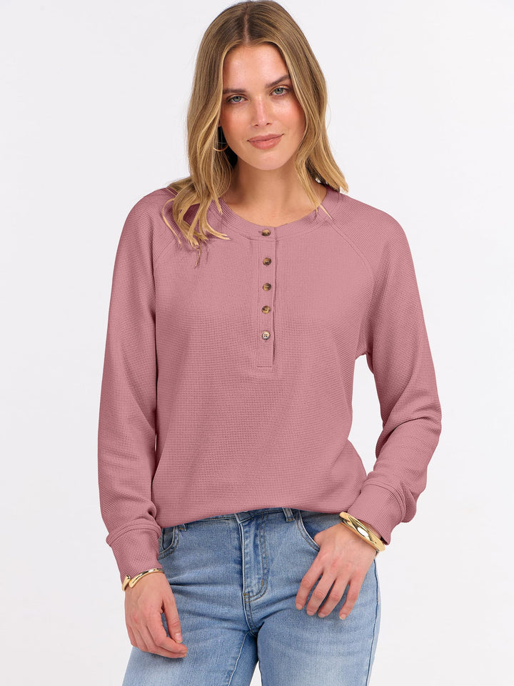 ANRABESS Long Sleeve Waffle Knit Shirts for Women Spring Fall Dressy Casual Button Up V Neck Henley Tops Loose Basic Tees Winter Clothes