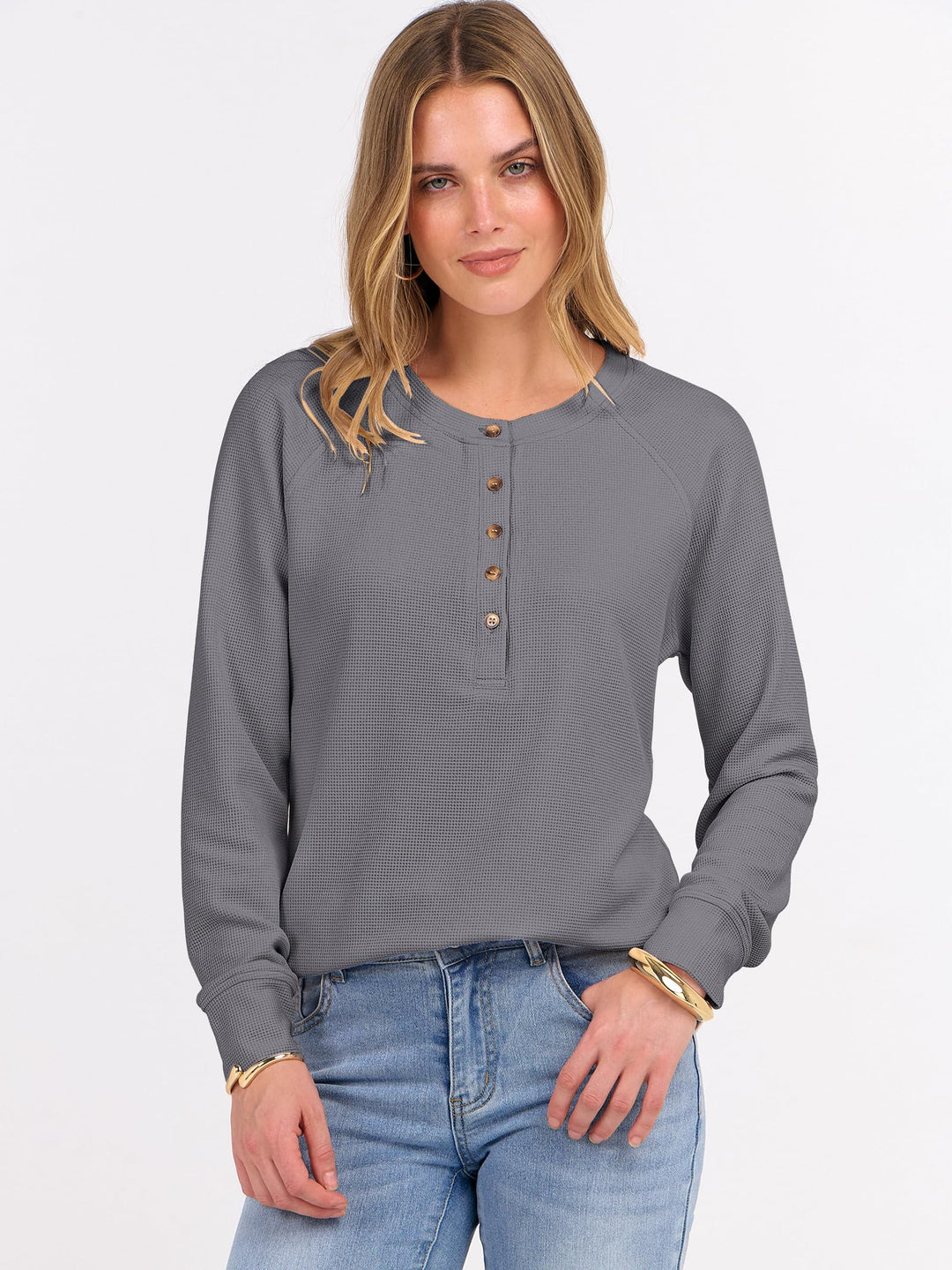 ANRABESS Long Sleeve Waffle Knit Shirts for Women Spring Fall Dressy Casual Button Up V Neck Henley Tops Loose Basic Tees Winter Clothes
