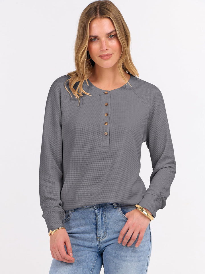 ANRABESS Long Sleeve Waffle Knit Shirts for Women Spring Fall Dressy Casual Button Up V Neck Henley Tops Loose Basic Tees Winter Clothes