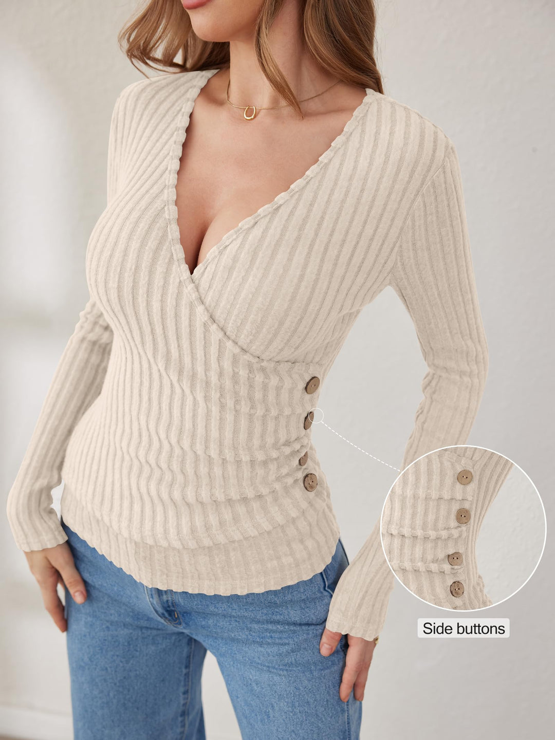 ANRABESS Long Sleeve V Neck Shirts for Women Ribbed Knit Slim Fit Wrap Top Comfy Soft Sexy Sweater Spring Fall Winter Dressy Casual Clothes
