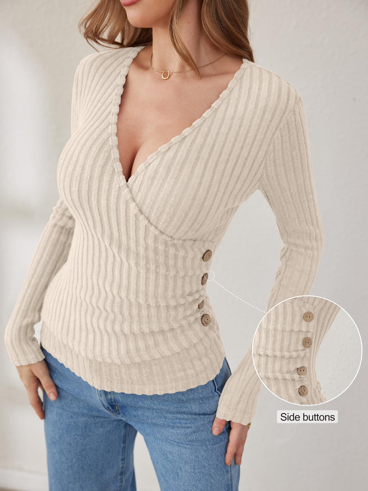 ANRABESS Long Sleeve V Neck Shirts for Women Ribbed Knit Slim Fit Wrap Top Comfy Soft Sexy Sweater Spring Fall Winter Dressy Casual Clothes