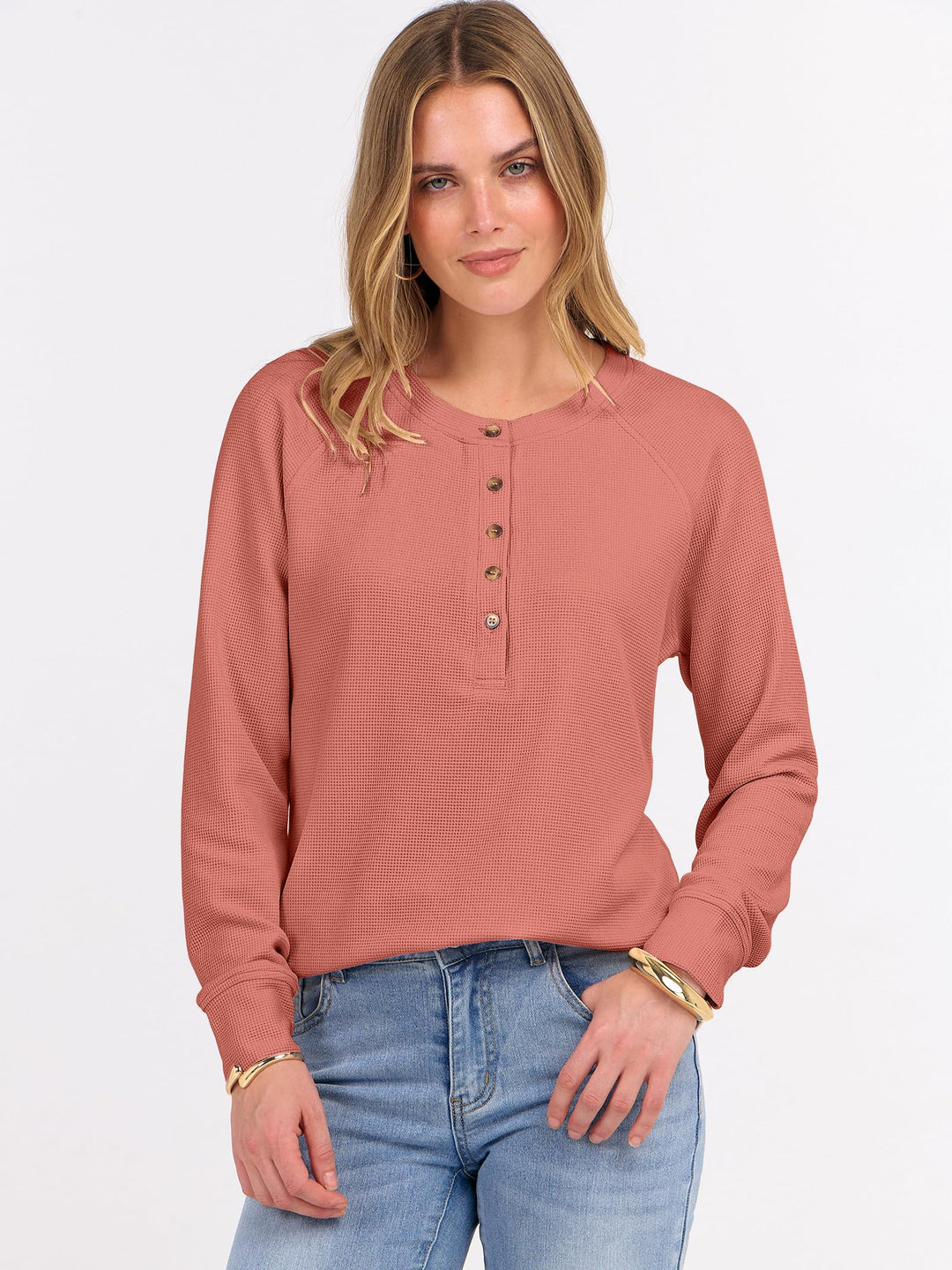 ANRABESS Long Sleeve Waffle Knit Shirts for Women Spring Fall Dressy Casual Button Up V Neck Henley Tops Loose Basic Tees Winter Clothes
