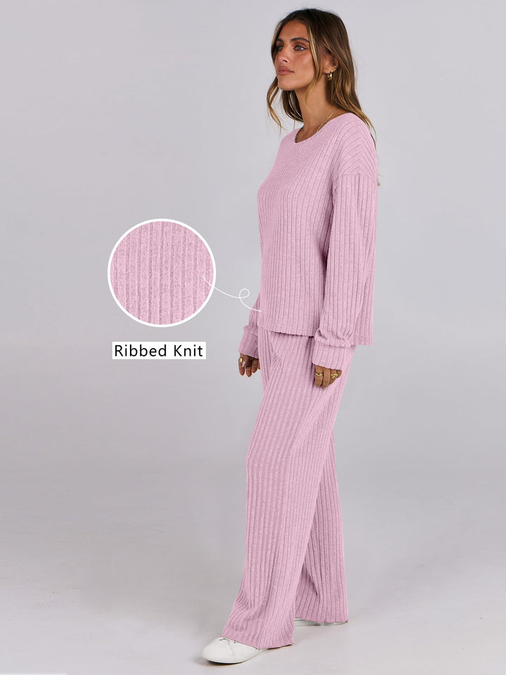 ANRABESS Women 2 Piece Lounge Pajamas Sets Casual Ribbed Knit Long Sleeve Top Pants Matching Set 2026 Fall Outfits Clothes