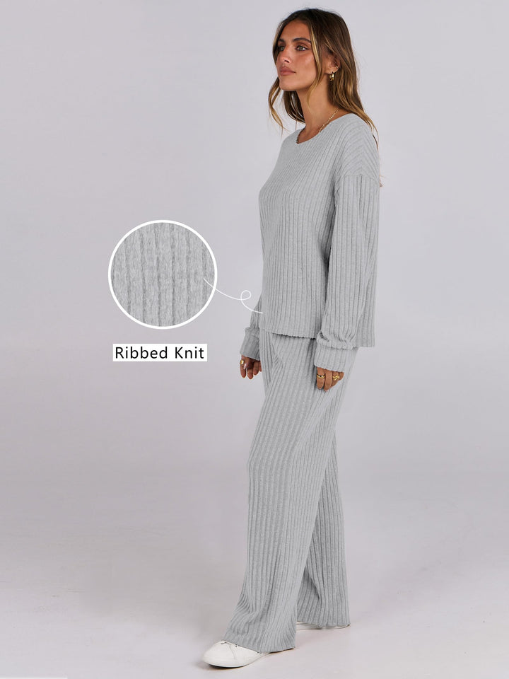 ANRABESS Women 2 Piece Lounge Pajamas Sets Casual Ribbed Knit Long Sleeve Top Pants Matching Set 2026 Fall Outfits Clothes