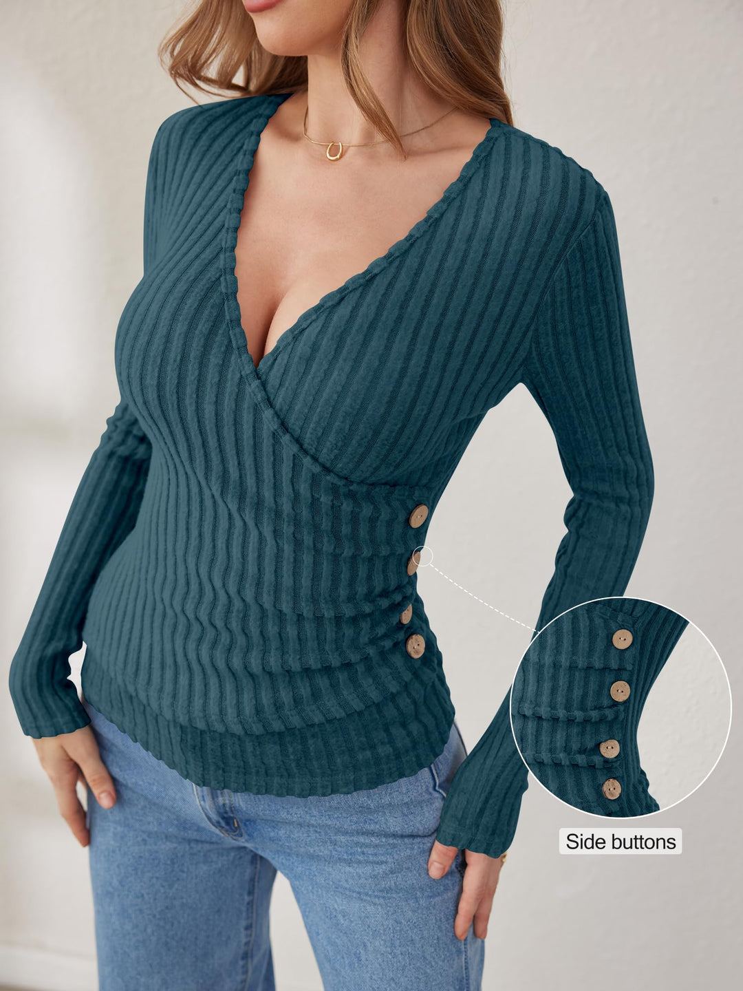 ANRABESS Long Sleeve V Neck Shirts for Women Ribbed Knit Slim Fit Wrap Top Comfy Soft Sexy Sweater Spring Fall Winter Dressy Casual Clothes