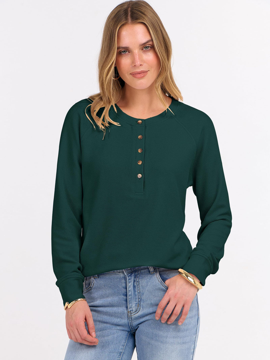 ANRABESS Long Sleeve Waffle Knit Shirts for Women Spring Fall Dressy Casual Button Up V Neck Henley Tops Loose Basic Tees Winter Clothes