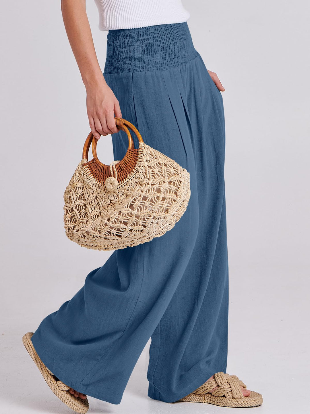 ANRABESS Linen Wide Leg Pants for Women Summer Boho High Waist Palazzo Pants Beach Lounge Casual Trousers with Pockets Vacation Clothes