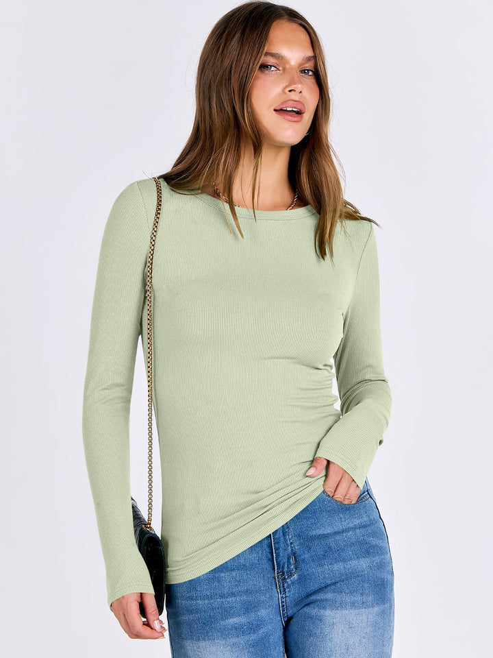 ANRABESS Long Sleeve Shirts for Women Ribbed Knit Slim Fit Basic Tops Crewneck Tees Spring Fall Casual Underscrubs Layer Clothes