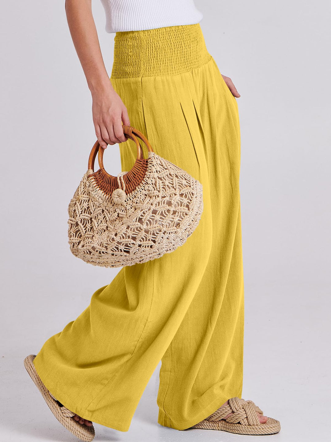 ANRABESS Linen Wide Leg Pants for Women Summer Boho High Waist Palazzo Pants Beach Lounge Casual Trousers with Pockets Vacation Clothes