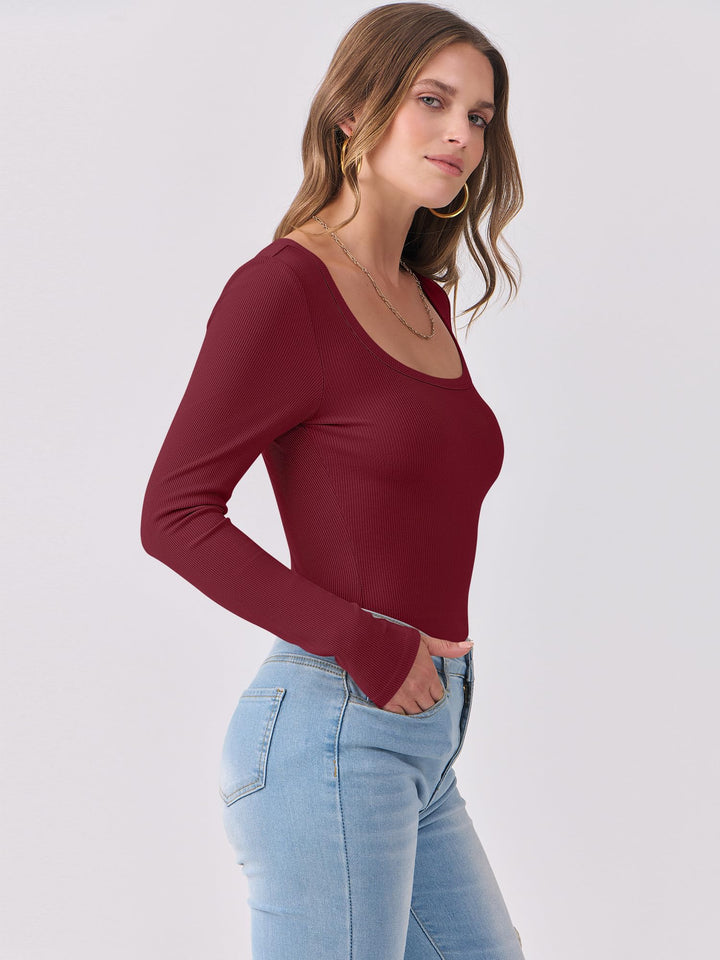 ANRABESS Long Sleeve Shirts for Women Ribbed Knit Slim Fitted Casual Tops Scoop Neck Basic Tee Spring Fall Fashion Clothes