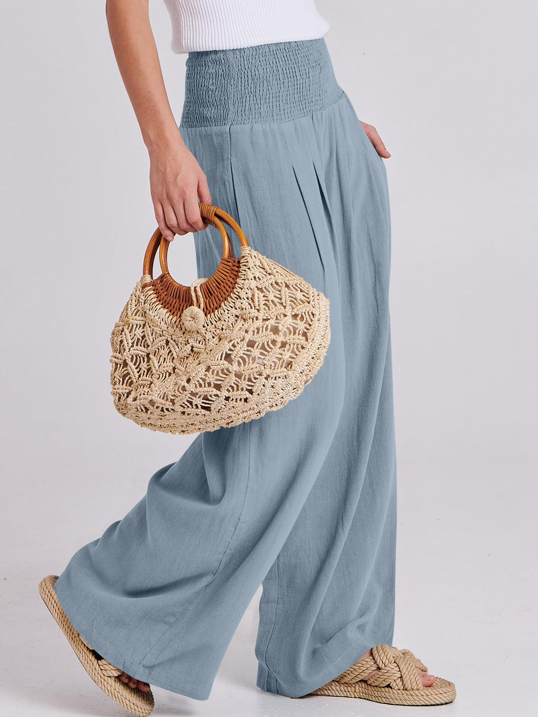ANRABESS Linen Wide Leg Pants for Women Summer Boho High Waist Palazzo Pants Beach Lounge Casual Trousers with Pockets Vacation Clothes
