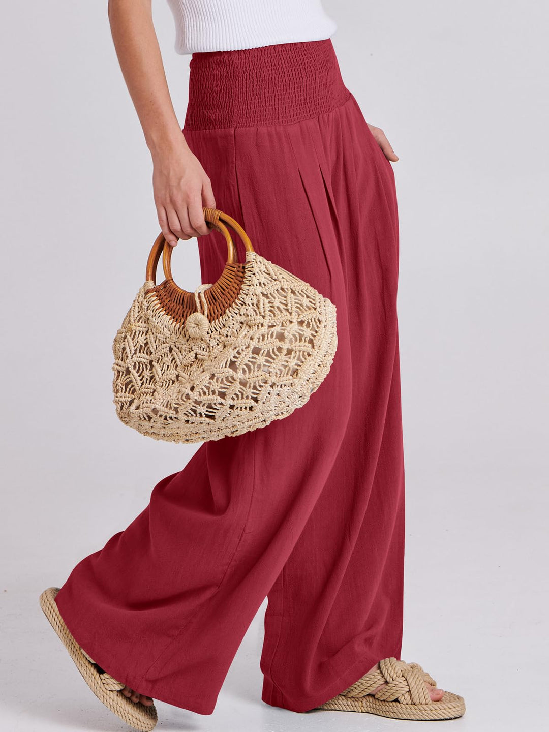 ANRABESS Linen Wide Leg Pants for Women Summer Boho High Waist Palazzo Pants Beach Lounge Casual Trousers with Pockets Vacation Clothes