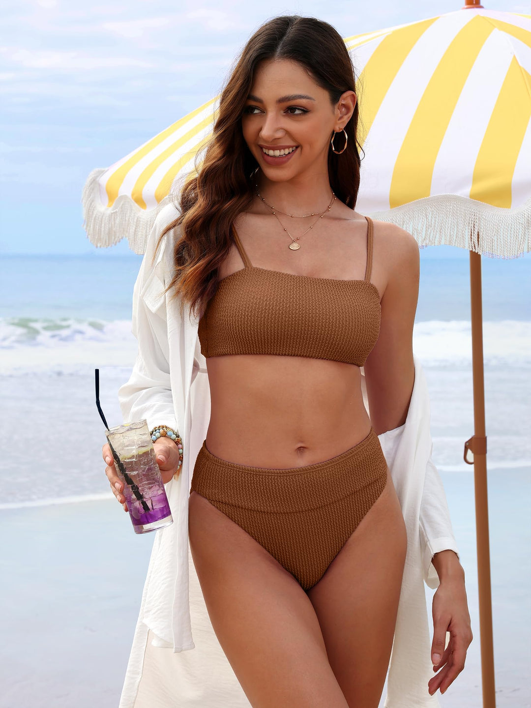 ANRABESS Tummy Control 2 Piece Swimsuits for Women High Waisted Bikini Sets Ribbed Textured Bathing Suits Beach Swimwear