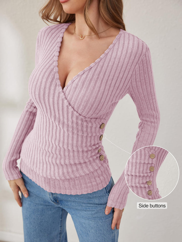 ANRABESS Long Sleeve V Neck Shirts for Women Ribbed Knit Slim Fit Wrap Top Comfy Soft Sexy Sweater Spring Fall Winter Dressy Casual Clothes