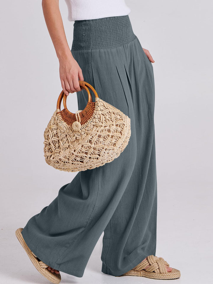 ANRABESS Linen Wide Leg Pants for Women Summer Boho High Waist Palazzo Pants Beach Lounge Casual Trousers with Pockets Vacation Clothes