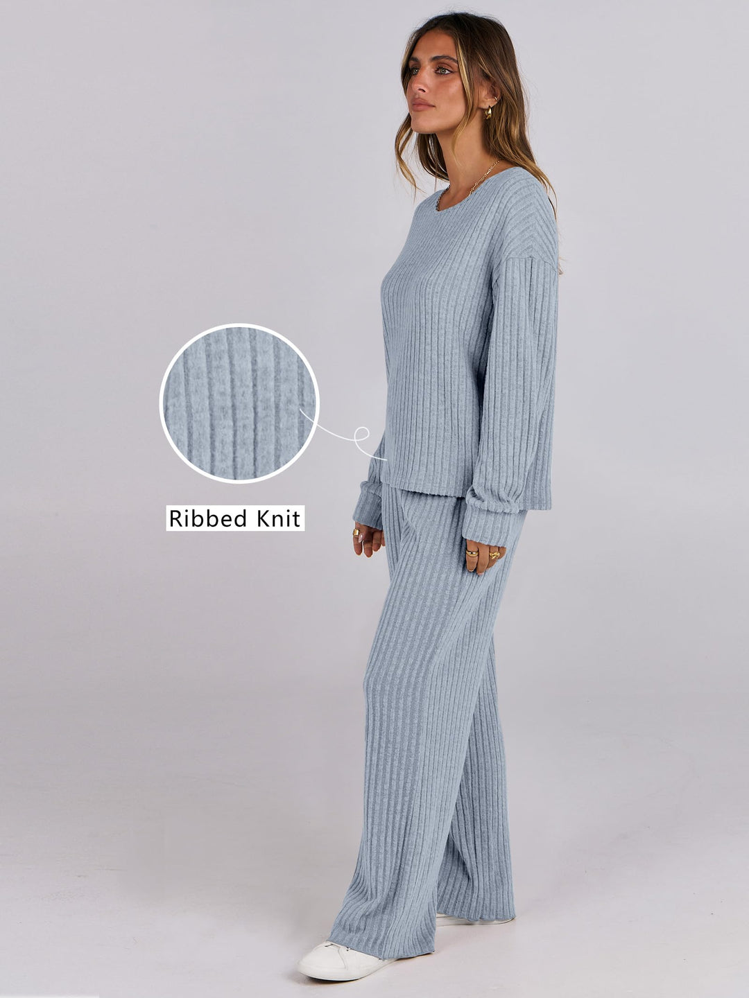 ANRABESS Women 2 Piece Lounge Pajamas Sets Casual Ribbed Knit Long Sleeve Top Pants Matching Set 2026 Fall Outfits Clothes