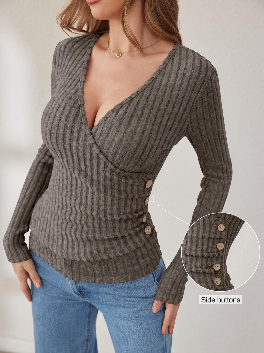 ANRABESS Long Sleeve V Neck Shirts for Women Ribbed Knit Slim Fit Wrap Top Comfy Soft Sexy Sweater Spring Fall Winter Dressy Casual Clothes