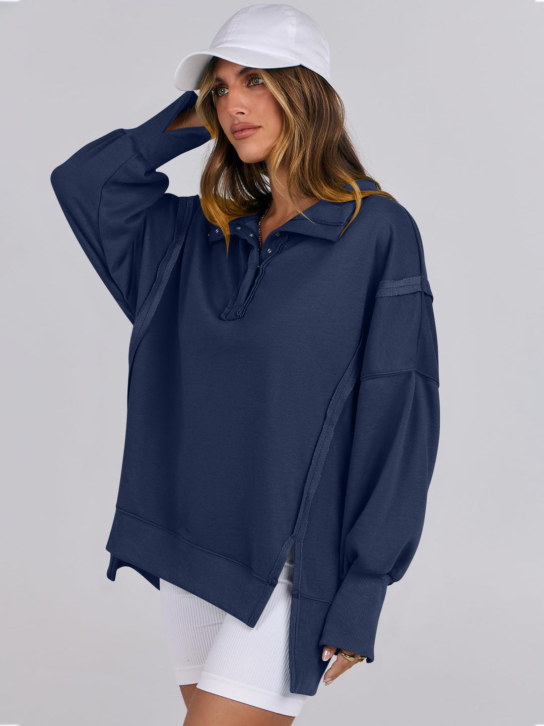 ANRABESS Women's Sweatshirts Oversized Casual Loose Button Up Henley Pullover Top High Low Split 2026 Fall Fashion Outfits