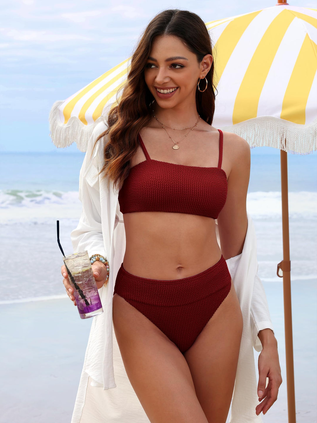 ANRABESS Tummy Control 2 Piece Swimsuits for Women High Waisted Bikini Sets Ribbed Textured Bathing Suits Beach Swimwear