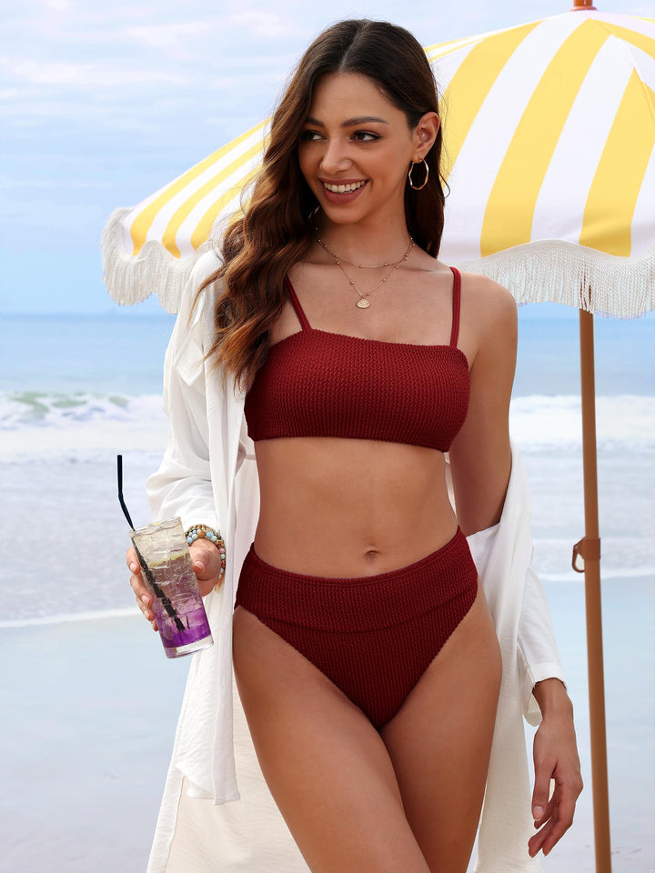 ANRABESS Tummy Control 2 Piece Swimsuits for Women High Waisted Bikini Sets Ribbed Textured Bathing Suits Beach Swimwear