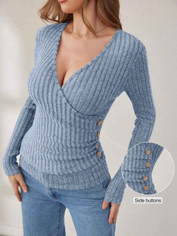 ANRABESS Long Sleeve V Neck Shirts for Women Ribbed Knit Slim Fit Wrap Top Comfy Soft Sexy Sweater Spring Fall Winter Dressy Casual Clothes