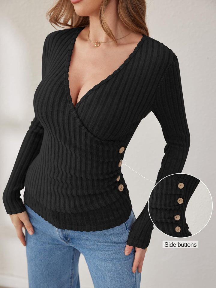 ANRABESS Long Sleeve V Neck Shirts for Women Ribbed Knit Slim Fit Wrap Top Comfy Soft Sexy Sweater Spring Fall Winter Dressy Casual Clothes