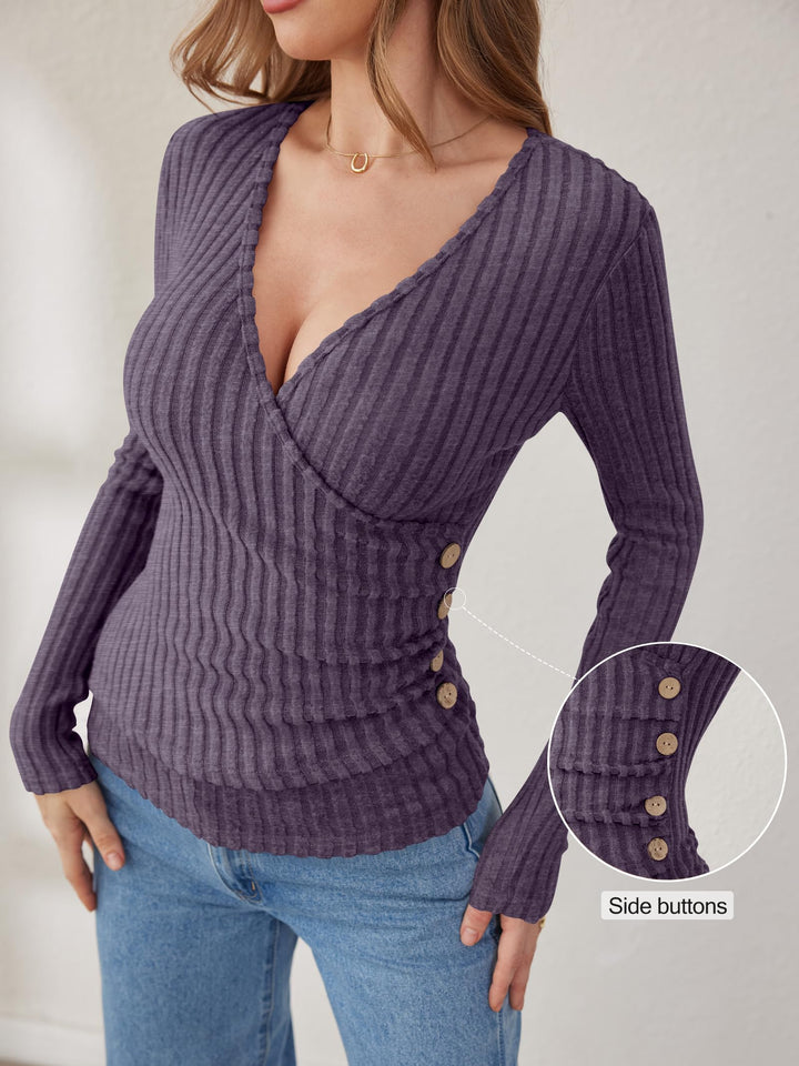 ANRABESS Long Sleeve V Neck Shirts for Women Ribbed Knit Slim Fit Wrap Top Comfy Soft Sexy Sweater Spring Fall Winter Dressy Casual Clothes