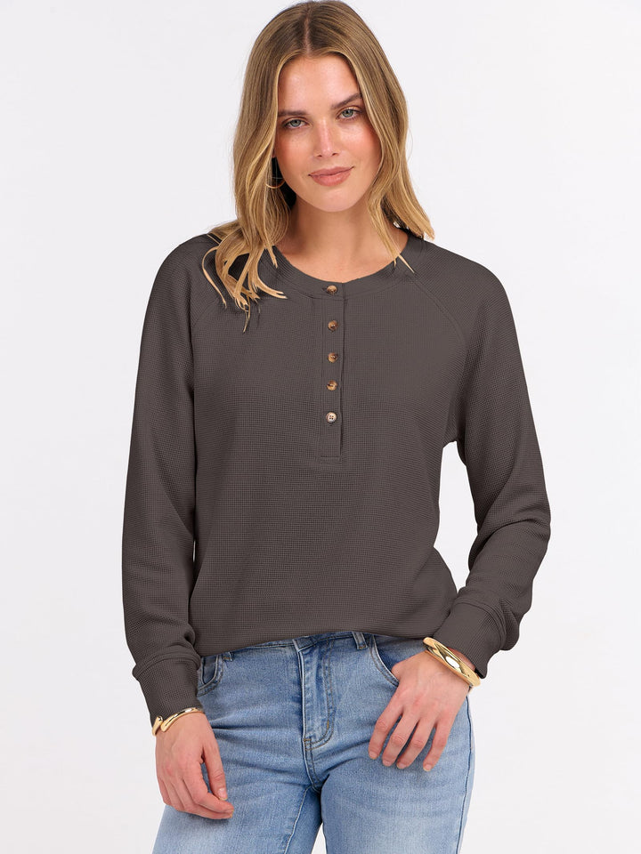 ANRABESS Long Sleeve Waffle Knit Shirts for Women Spring Fall Dressy Casual Button Up V Neck Henley Tops Loose Basic Tees Winter Clothes