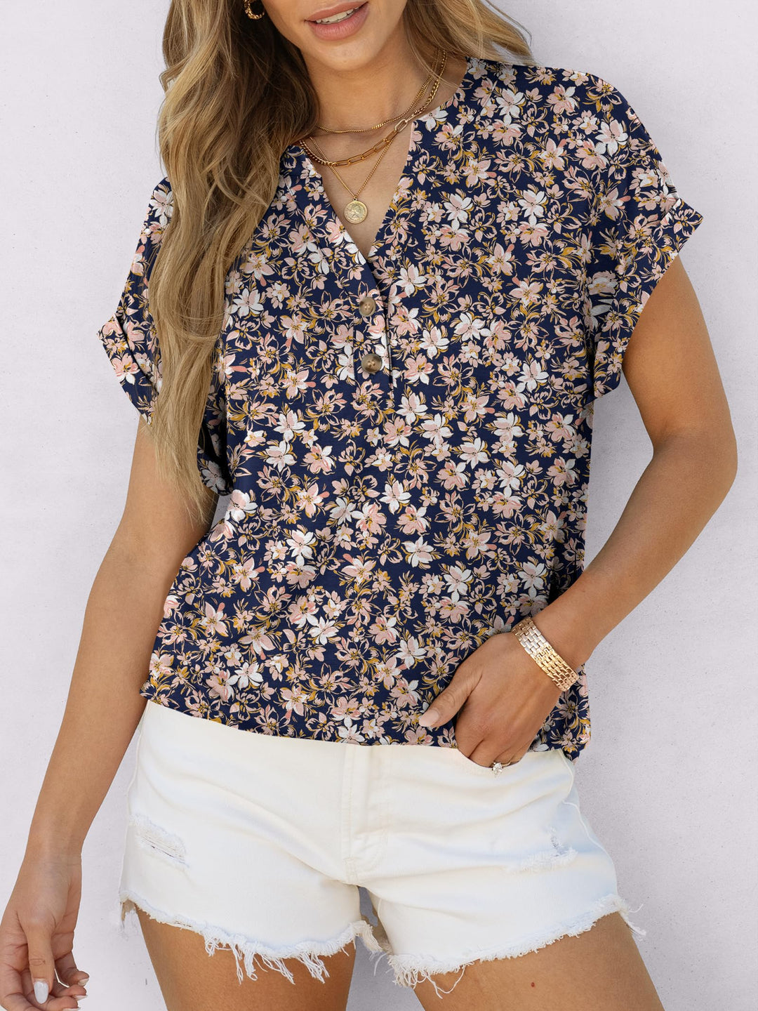 ANRABESS Womens Short Sleeve Henley Tops V Neck Dressy Casual Blouses Summer Trendy Tee Shirts 2026 Vacation Fashion Clothes