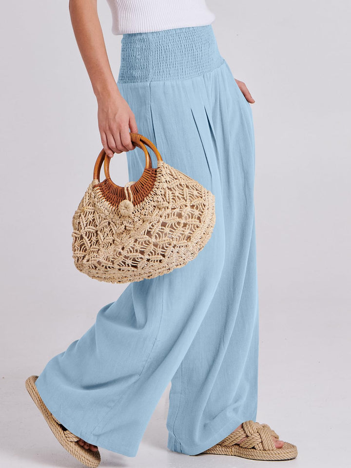 ANRABESS Linen Wide Leg Pants for Women Summer Boho High Waist Palazzo Pants Beach Lounge Casual Trousers with Pockets Vacation Clothes