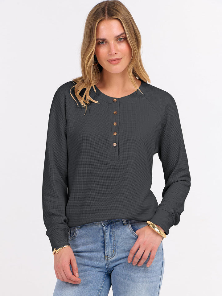 ANRABESS Long Sleeve Waffle Knit Shirts for Women Spring Fall Dressy Casual Button Up V Neck Henley Tops Loose Basic Tees Winter Clothes