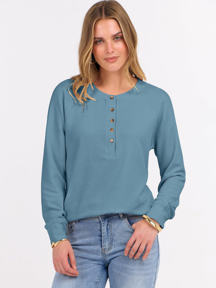 ANRABESS Long Sleeve Waffle Knit Shirts for Women Spring Fall Dressy Casual Button Up V Neck Henley Tops Loose Basic Tees Winter Clothes